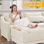 Divano a 3 posti in ciniglia beige con 2 pouf mobili e cuscino lombare, spugna ad alta resilienza, base in legno di alta qualità
