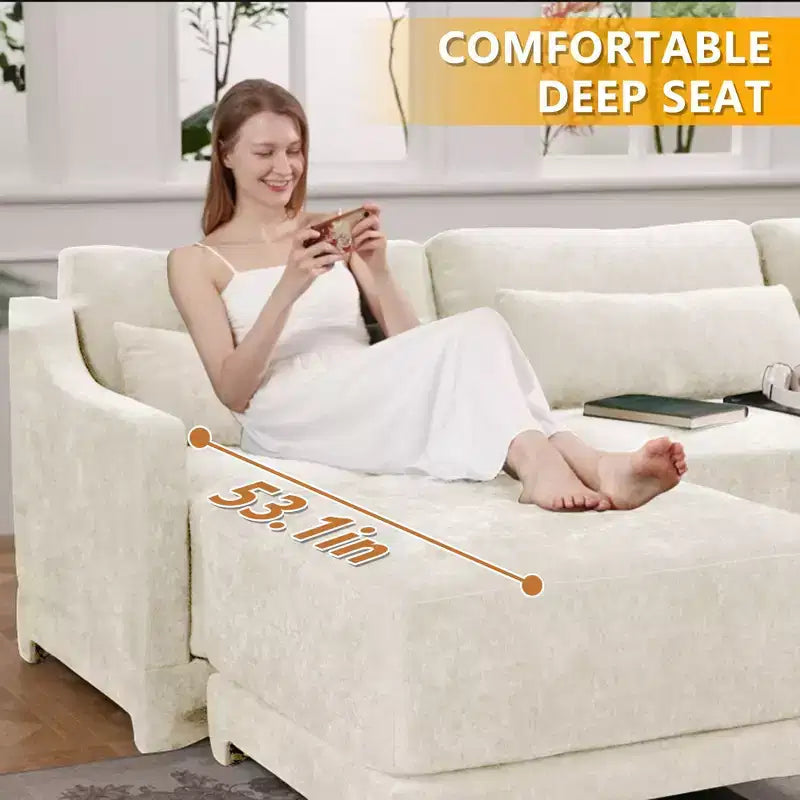 Divano a 3 posti in ciniglia beige con 2 pouf mobili e cuscino lombare, spugna ad alta resilienza, base in legno di alta qualità