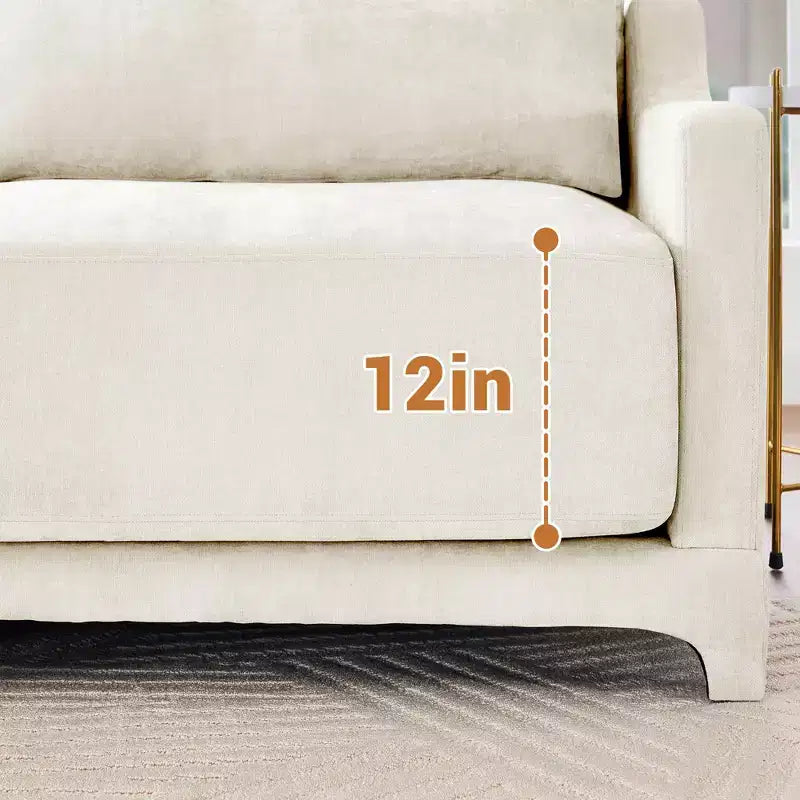 Divano a 3 posti in ciniglia beige con 2 pouf mobili e cuscino lombare, spugna ad alta resilienza, base in legno di alta qualità
