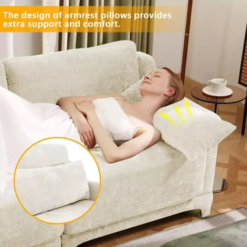 Divano a 3 posti in ciniglia beige con 2 pouf mobili e cuscino lombare, spugna ad alta resilienza, base in legno di alta qualità