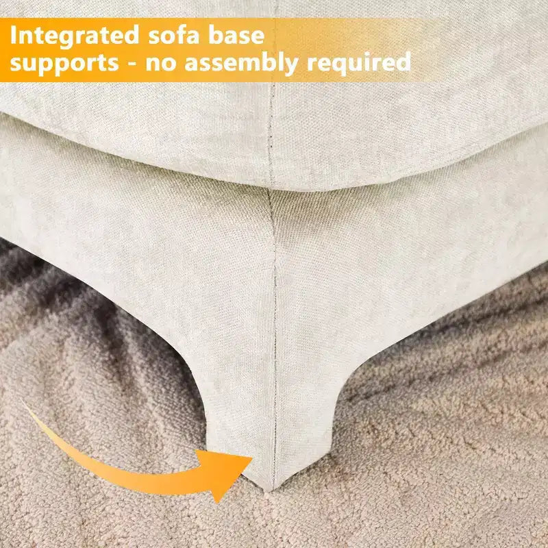 Divano a 3 posti in ciniglia beige con 2 pouf mobili e cuscino lombare, spugna ad alta resilienza, base in legno di alta qualità