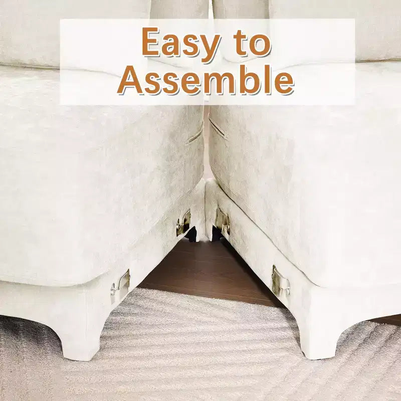 Divano a 3 posti in ciniglia beige con 2 pouf mobili e cuscino lombare, spugna ad alta resilienza, base in legno di alta qualità