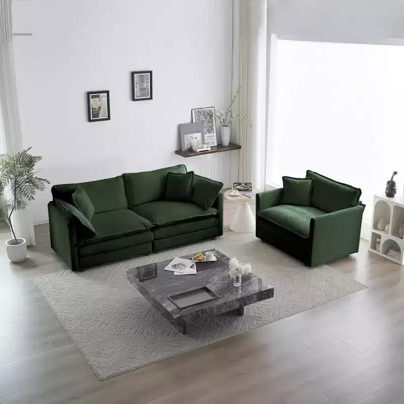 Set Divano a 3 Pezzi con Braccioli e Cuscini Decorativi Il Set Include 2 Poltrone e Un Divano a 2 Posti in Ciniglia Verde
