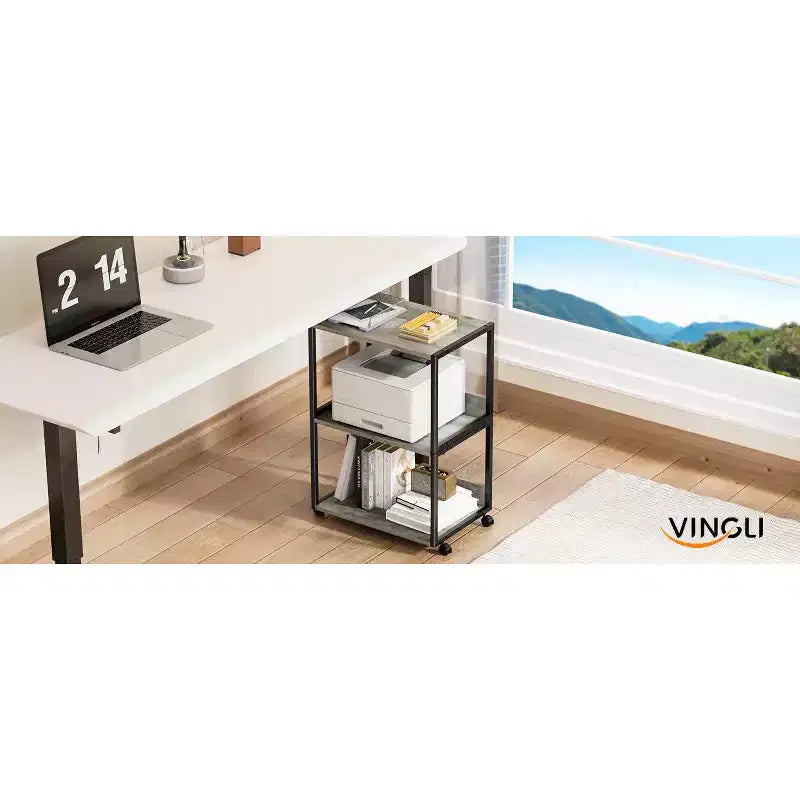 VINGLI Carrello Porta Stampante a 3 Ripiani con Contenitore, Ripiano per Stampante da Scrivania per Casa/Ufficio (Rovere)