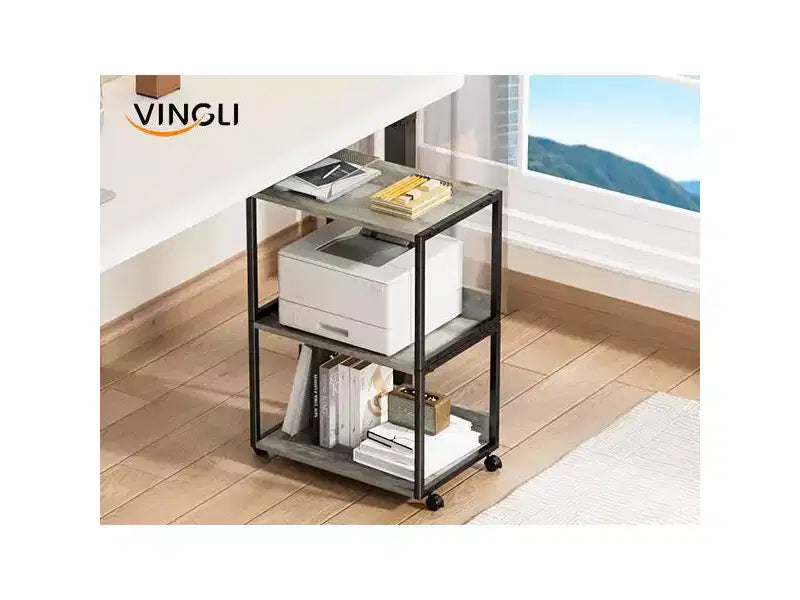 VINGLI Carrello Porta Stampante a 3 Ripiani con Contenitore, Ripiano per Stampante da Scrivania per Casa/Ufficio (Rovere)