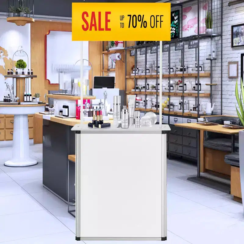 Bancone Promozionale VEVOR, Tavolo Podio Portatile per Fiere, 30.91 x 14.96 x 71.46, Espositore da Banco per Fiere con Parete, Bianco