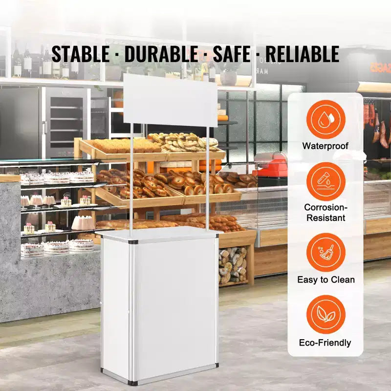 Bancone Promozionale VEVOR, Tavolo Podio Portatile per Fiere, 30.91 x 14.96 x 71.46, Espositore da Banco per Fiere con Parete, Bianco