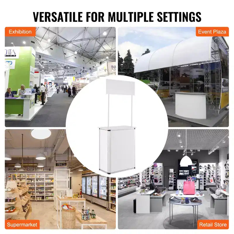 Bancone Promozionale VEVOR, Tavolo Podio Portatile per Fiere, 30.91 x 14.96 x 71.46, Espositore da Banco per Fiere con Parete, Bianco