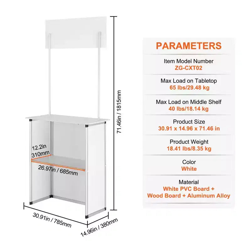 Bancone Promozionale VEVOR, Tavolo Podio Portatile per Fiere, 30.91 x 14.96 x 71.46, Espositore da Banco per Fiere con Parete, Bianco