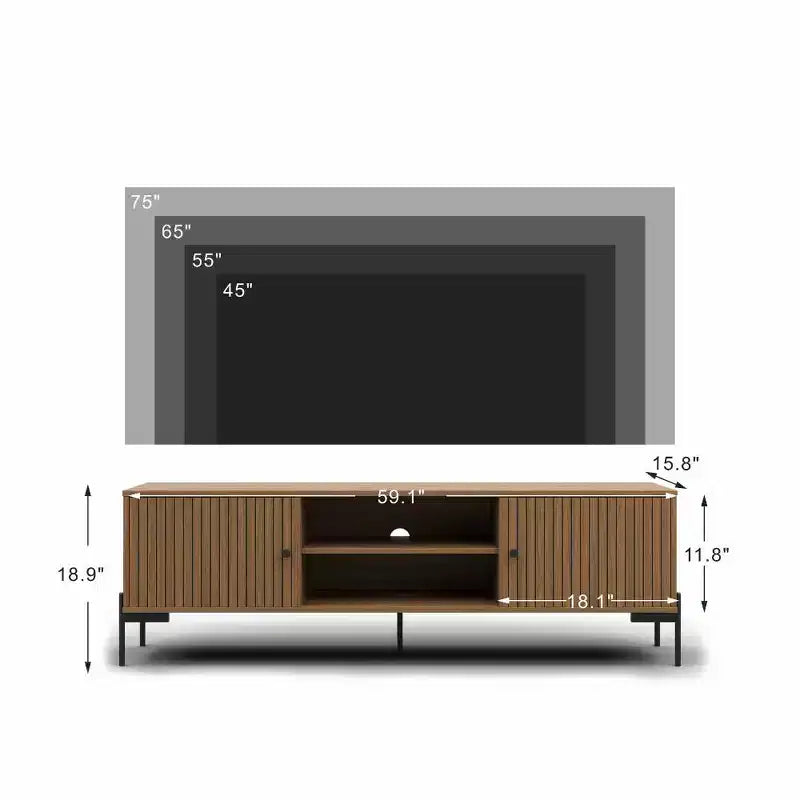 Tree city - Mobile TV in legno di sandalo dorato largo 152 cm, adatto a TV da 45-75 pollici, Consolle multimediale moderna con armadietti e ante a persiana per soggiorno