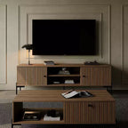 Tree city - Mobile TV in legno di sandalo dorato largo 152 cm, adatto a TV da 45-75 pollici, Consolle multimediale moderna con armadietti e ante a persiana per soggiorno