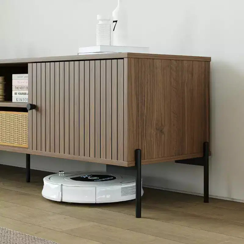 Tree city - Mobile TV in legno di sandalo dorato largo 152 cm, adatto a TV da 45-75 pollici, Consolle multimediale moderna con armadietti e ante a persiana per soggiorno