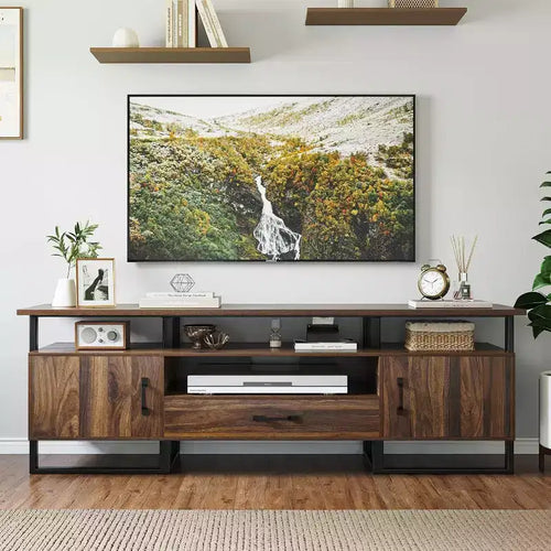 Mobile TV industriale da 75 pollici - Credenza multimediale moderna di metà secolo con cassetto e armadietto, Centro di intrattenimento da 70 pollici, Marrone rustico