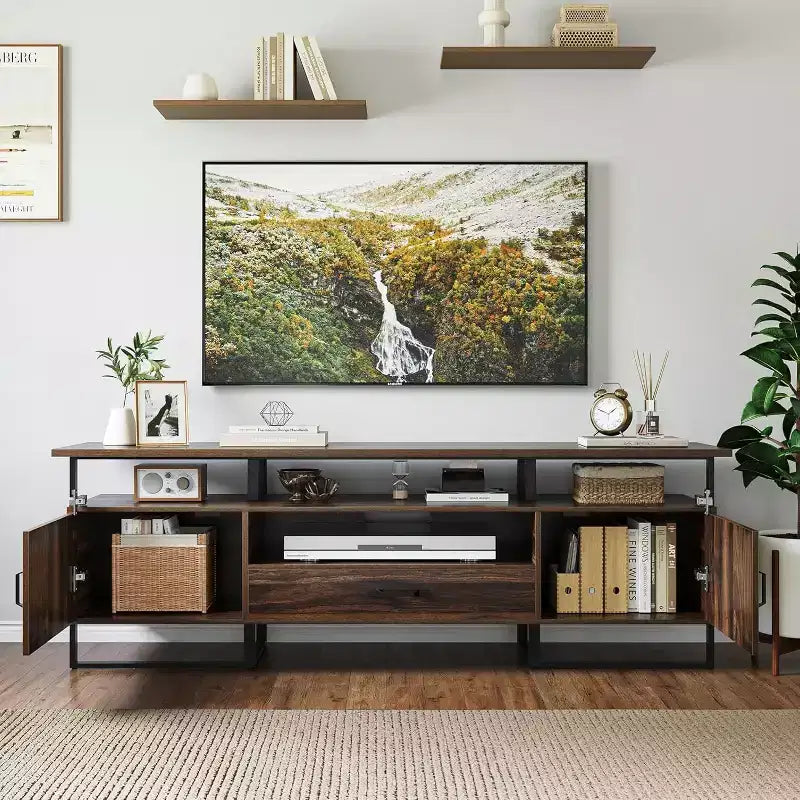 Mobile TV industriale da 75 pollici - Credenza multimediale moderna di metà secolo con cassetto e armadietto, Centro di intrattenimento da 70 pollici, Marrone rustico