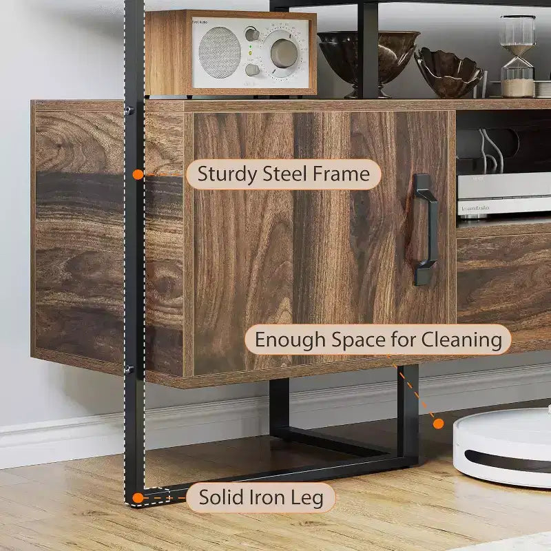 Mobile TV industriale da 75 pollici - Credenza multimediale moderna di metà secolo con cassetto e armadietto, Centro di intrattenimento da 70 pollici, Marrone rustico