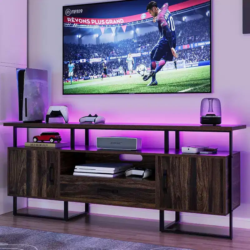 Mobile TV industriale da 75 pollici - Credenza multimediale moderna di metà secolo con cassetto e armadietto, Centro di intrattenimento da 70 pollici, Marrone rustico