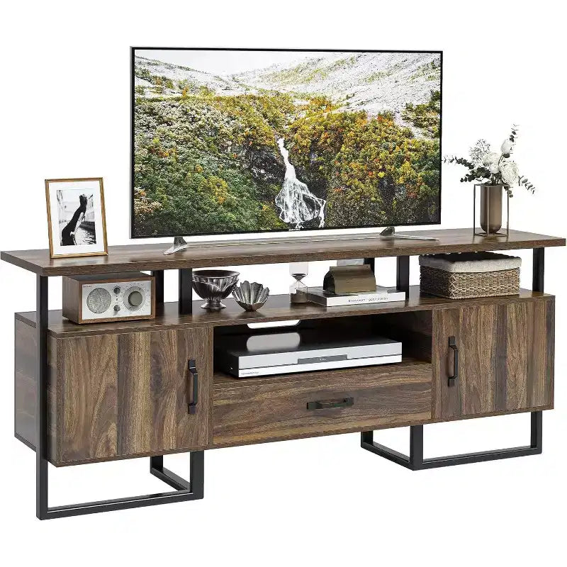 Mobile TV industriale da 75 pollici - Credenza multimediale moderna di metà secolo con cassetto e armadietto, Centro di intrattenimento da 70 pollici, Marrone rustico