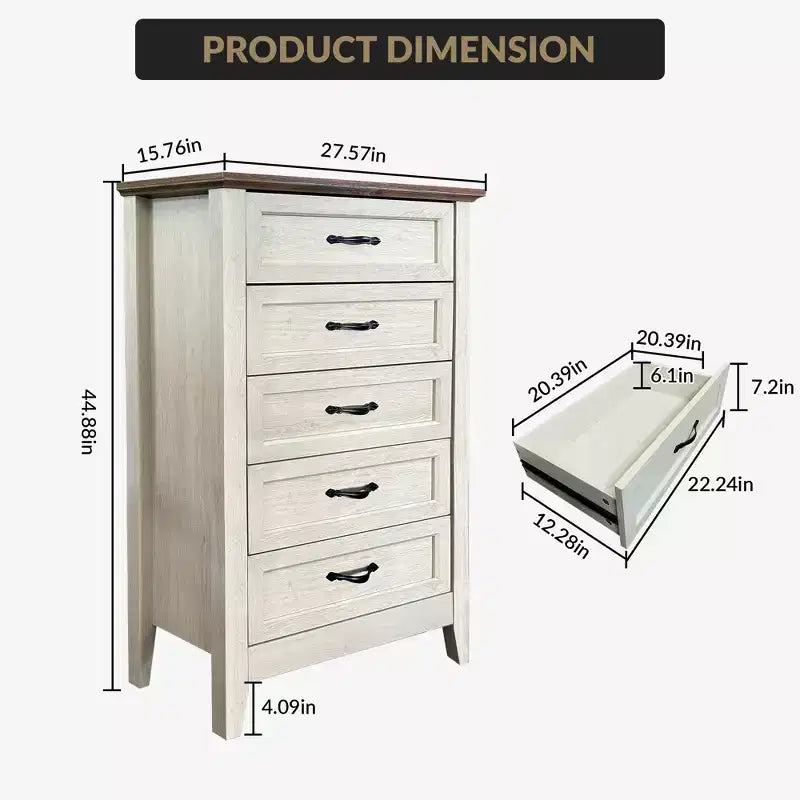 Cassettiera da Fattoria, Cassettiera Rustica in Legno a 5 Cassetti per Armadio, Comodino Alto con Maniglie in Metallo