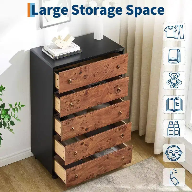 Comò/cassettiera a 5 cassetti in legno di quercia naturale, con design curvo e pomelli rotondi vintage, per diversi ambienti