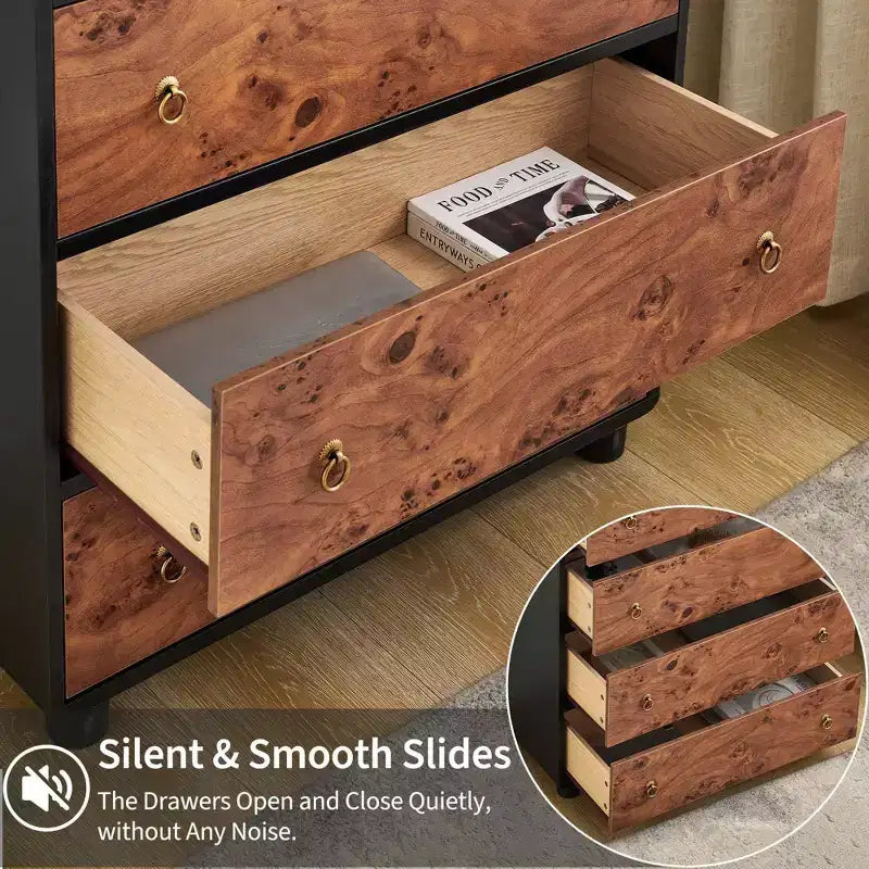 Comò/cassettiera a 5 cassetti in legno di quercia naturale, con design curvo e pomelli rotondi vintage, per diversi ambienti