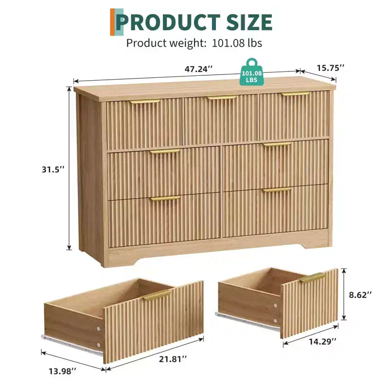 Cassettiera scanalata per camera da letto con 7 cassetti, cassettiere moderne da 120 cm per camera da letto