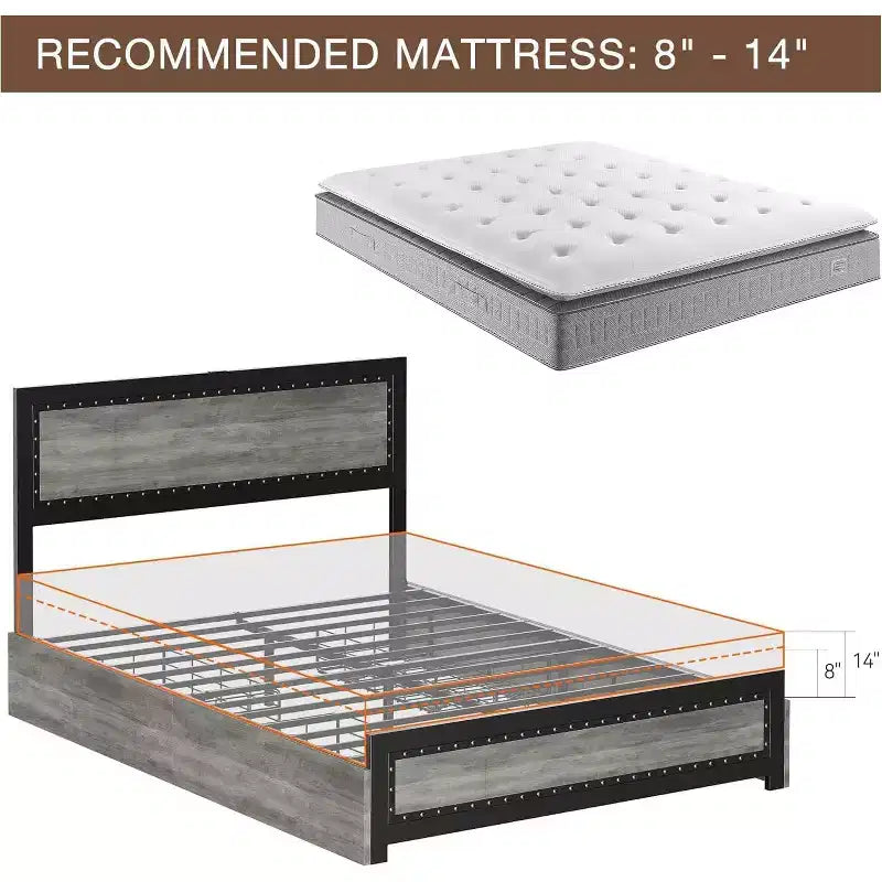 CuisinSmart Base letto con quattro cassetti portaoggetti, Letto a piattaforma con testiera e decorazione rivettata, Struttura con doghe in metallo