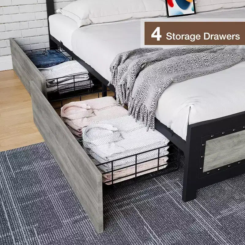 CuisinSmart Base letto con quattro cassetti portaoggetti, Letto a piattaforma con testiera e decorazione rivettata, Struttura con doghe in metallo