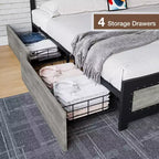 CuisinSmart Base letto con quattro cassetti portaoggetti, Letto a piattaforma con testiera e decorazione rivettata, Struttura con doghe in metallo
