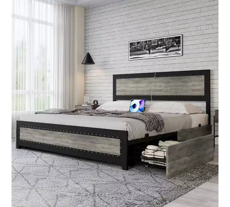 CuisinSmart Base letto con quattro cassetti portaoggetti, Letto a piattaforma con testiera e decorazione rivettata, Struttura con doghe in metallo