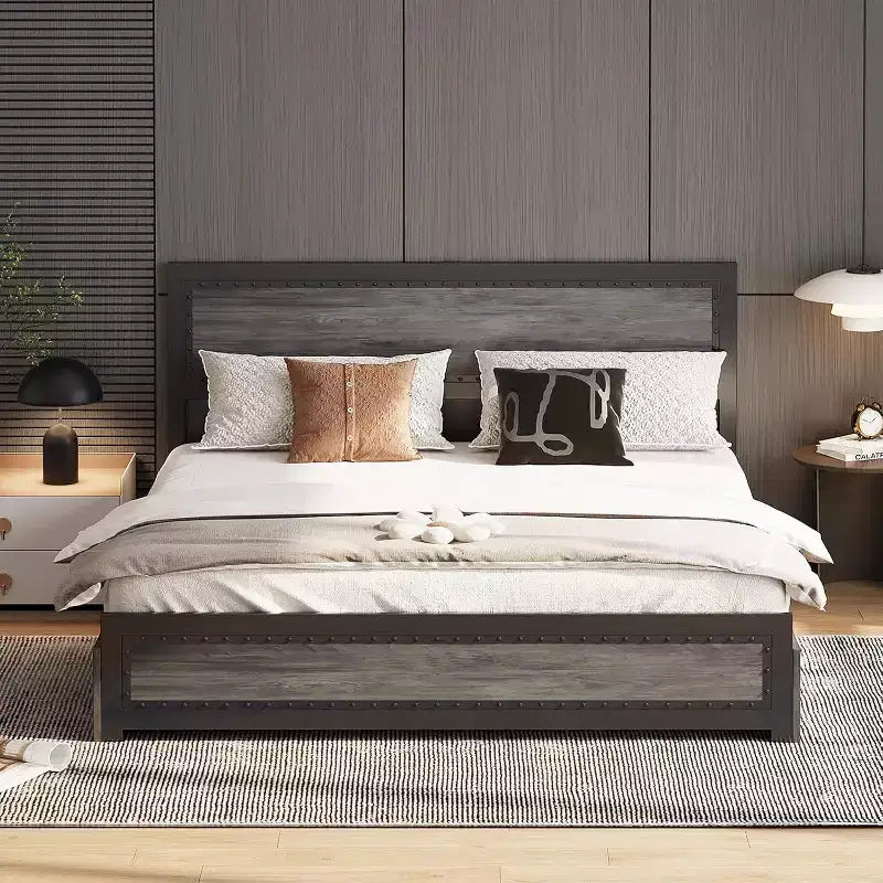 CuisinSmart Base letto con quattro cassetti portaoggetti, Letto a piattaforma con testiera e decorazione rivettata, Struttura con doghe in metallo