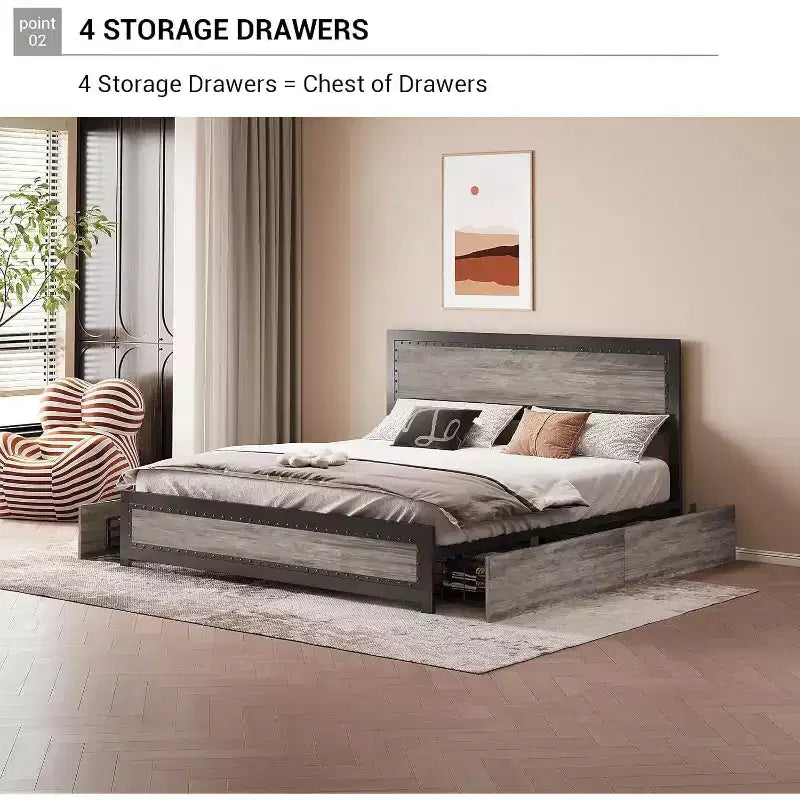 CuisinSmart Base letto con quattro cassetti portaoggetti, Letto a piattaforma con testiera e decorazione rivettata, Struttura con doghe in metallo