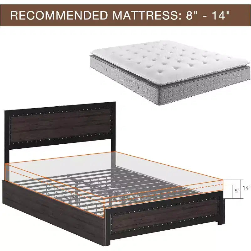 CuisinSmart Base letto con quattro cassetti portaoggetti, Letto a piattaforma con testiera e decorazione rivettata, Struttura con doghe in metallo
