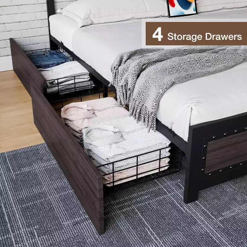 CuisinSmart Base letto con quattro cassetti portaoggetti, Letto a piattaforma con testiera e decorazione rivettata, Struttura con doghe in metallo