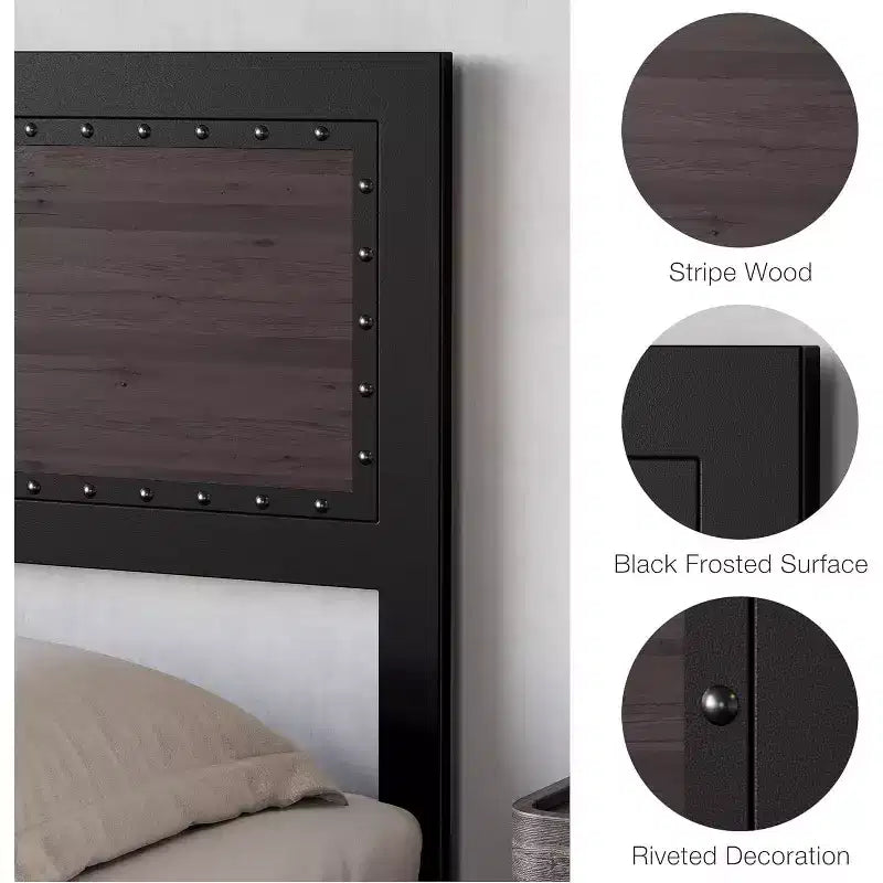 CuisinSmart Base letto con quattro cassetti portaoggetti, Letto a piattaforma con testiera e decorazione rivettata, Struttura con doghe in metallo