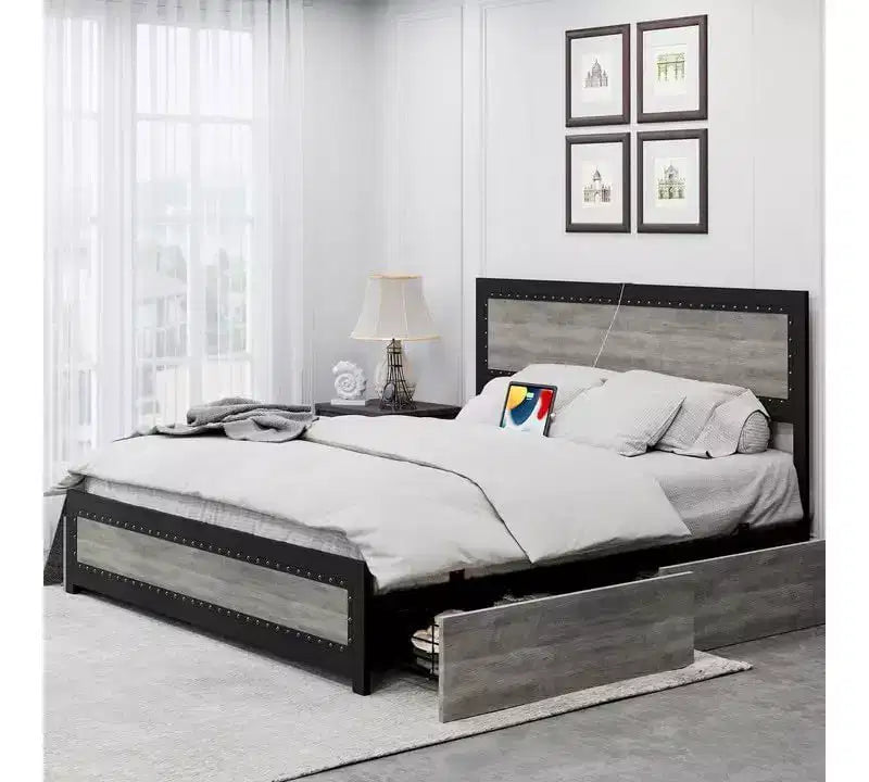 CuisinSmart Base letto con quattro cassetti portaoggetti, Letto a piattaforma con testiera e decorazione rivettata, Struttura con doghe in metallo