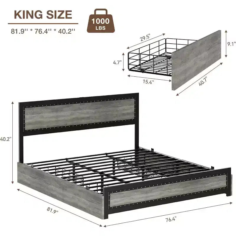 CuisinSmart Base letto con quattro cassetti portaoggetti, Letto a piattaforma con testiera e decorazione rivettata, Struttura con doghe in metallo