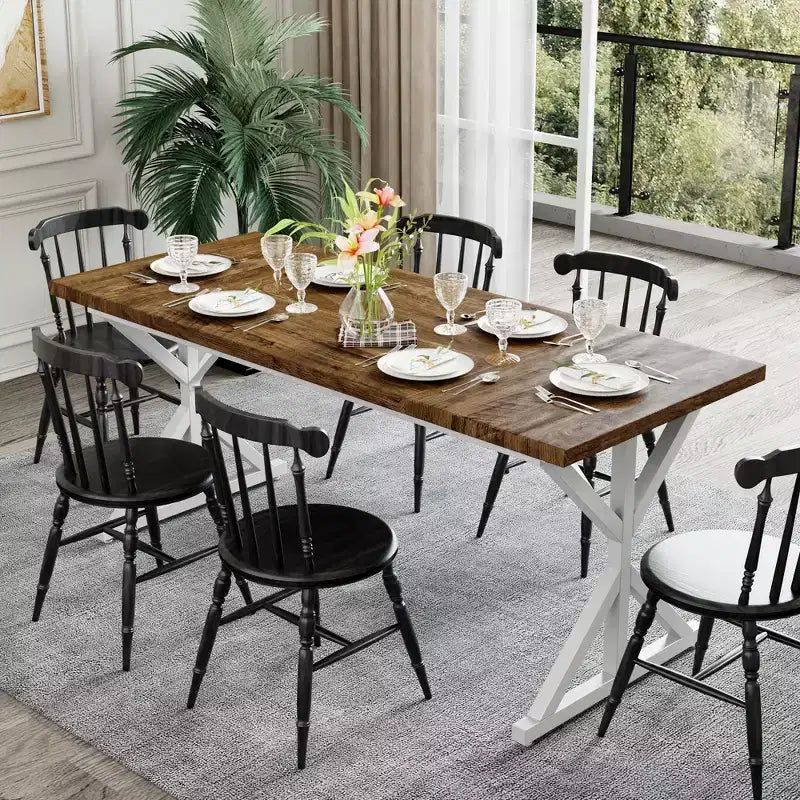 Tavolo da pranzo Dyonery in stile rustico per 6 persone, tavolo da pranzo rettangolare in legno da 70,8 pollici con gambe in metallo extra resistenti