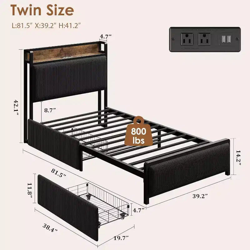 Struttura letto a piattaforma imbottita in lino rustico GustoWave, testiera con vano contenitore/2 cassetti contenitore/stazione di ricarica