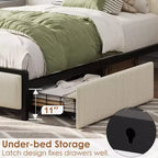 Struttura letto a piattaforma imbottita in lino rustico GustoWave, testiera con vano contenitore/2 cassetti contenitore/stazione di ricarica