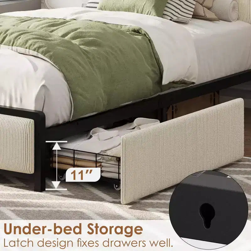 Struttura letto a piattaforma imbottita in lino rustico GustoWave, testiera con vano contenitore/2 cassetti contenitore/stazione di ricarica