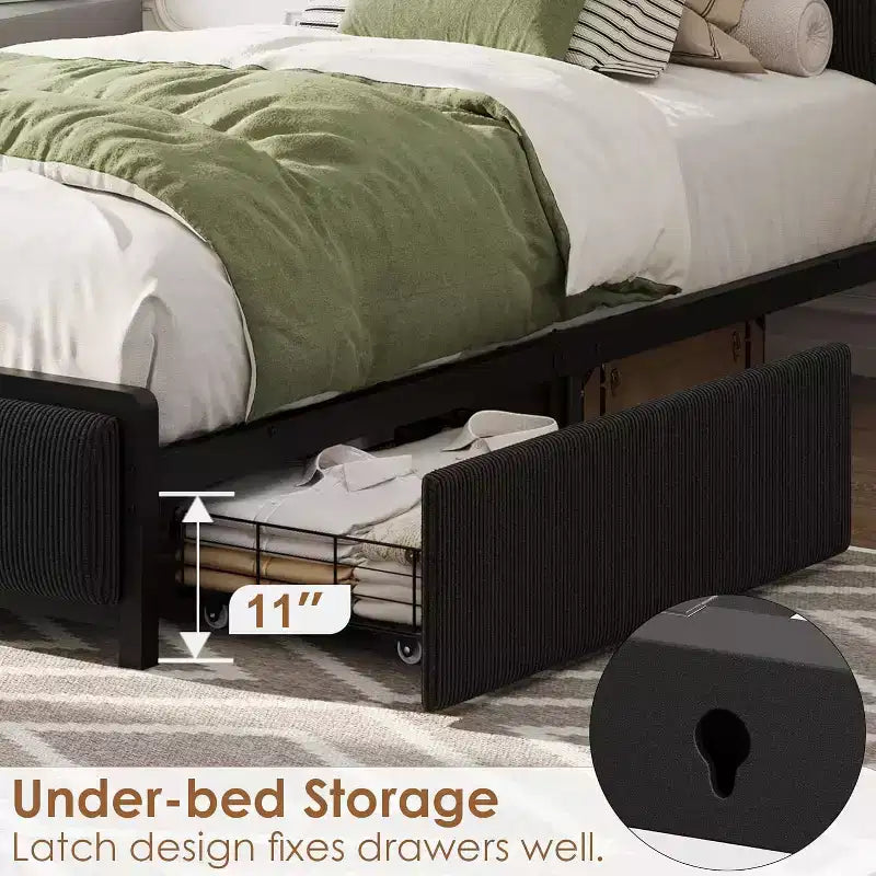 Struttura letto a piattaforma imbottita in lino rustico GustoWave, testiera con vano contenitore/2 cassetti contenitore/stazione di ricarica