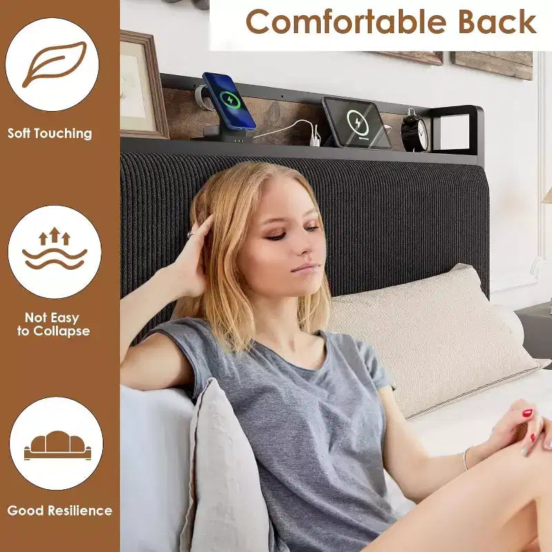 Struttura letto a piattaforma imbottita in lino rustico GustoWave, testiera con vano contenitore/2 cassetti contenitore/stazione di ricarica