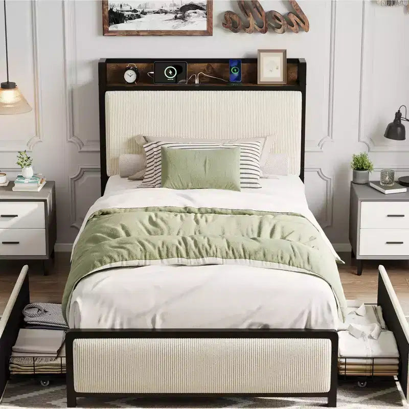 GustoWave Rustic Linen Upholstered Platform Bedframe, Storage Headboard/2 Storage Drawers/Charging Station