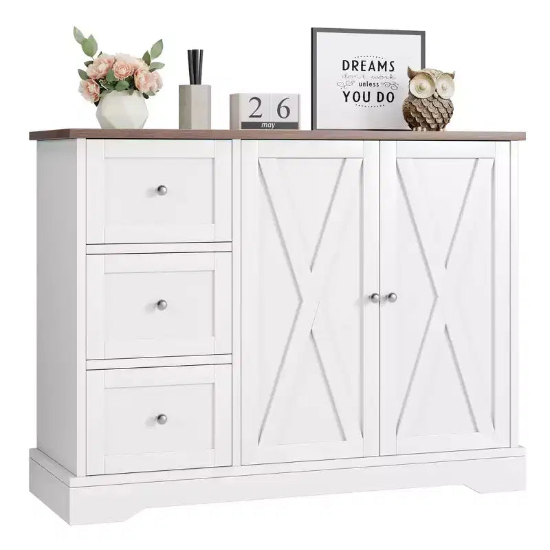 42 Farmhouse Buffet Cabinet with Storage, Coffee Bar Cabinet with 3 Drawers, Sideboard for Kitchen Dining Living Room, White