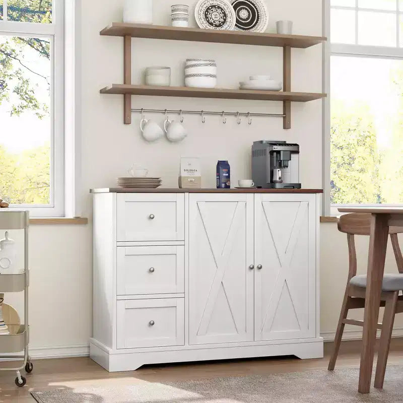 Mobile Buffet da Fattoria 42" con Contenitore, Mobile Bar per Caffè con 3 Cassetti, Credenza per Cucina Sala da Pranzo Soggiorno, Bianco