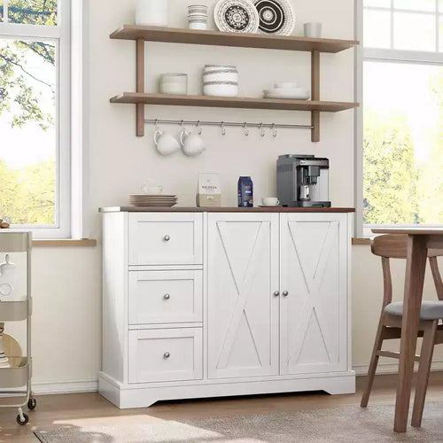 Mobile Buffet da Fattoria 42" con Contenitore, Mobile Bar per Caffè con 3 Cassetti, Credenza per Cucina Sala da Pranzo Soggiorno, Bianco