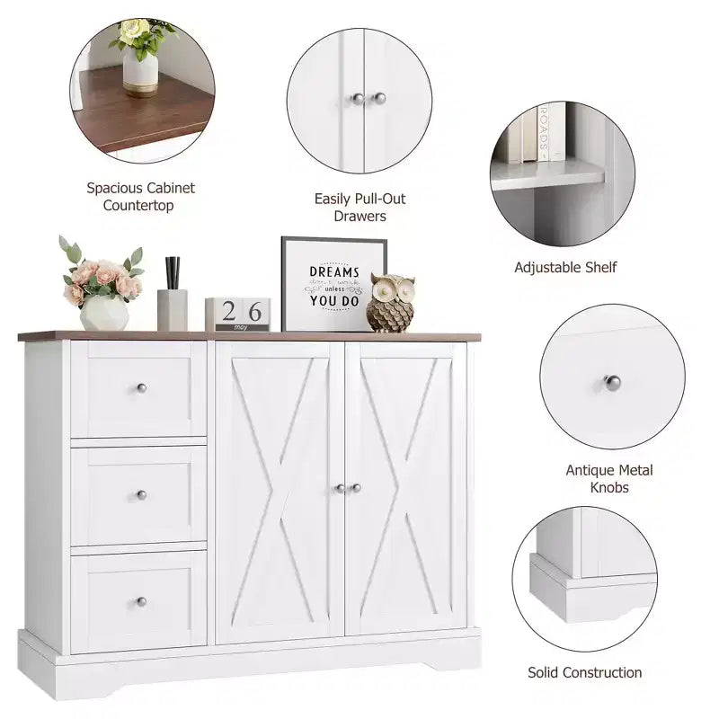 Mobile Buffet da Fattoria 42" con Contenitore, Mobile Bar per Caffè con 3 Cassetti, Credenza per Cucina Sala da Pranzo Soggiorno, Bianco