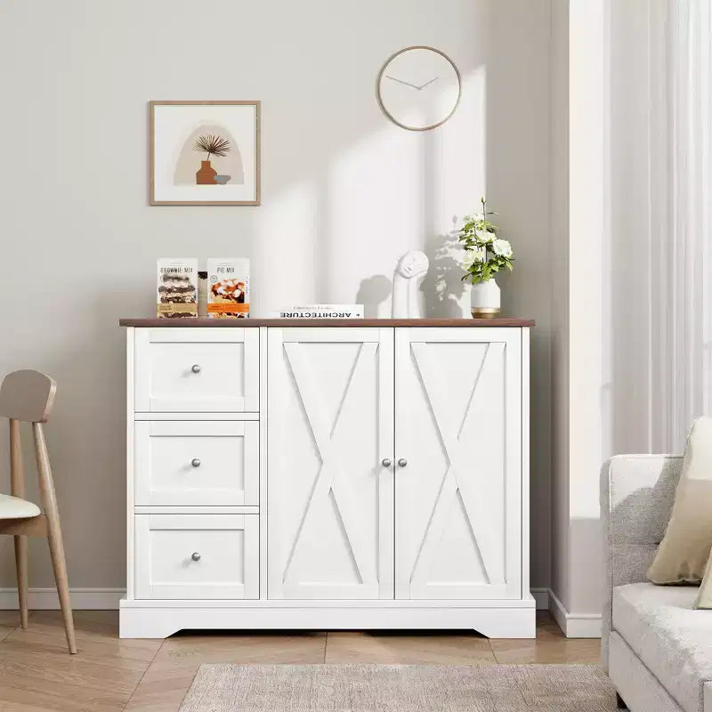 Mobile Buffet da Fattoria 42" con Contenitore, Mobile Bar per Caffè con 3 Cassetti, Credenza per Cucina Sala da Pranzo Soggiorno, Bianco