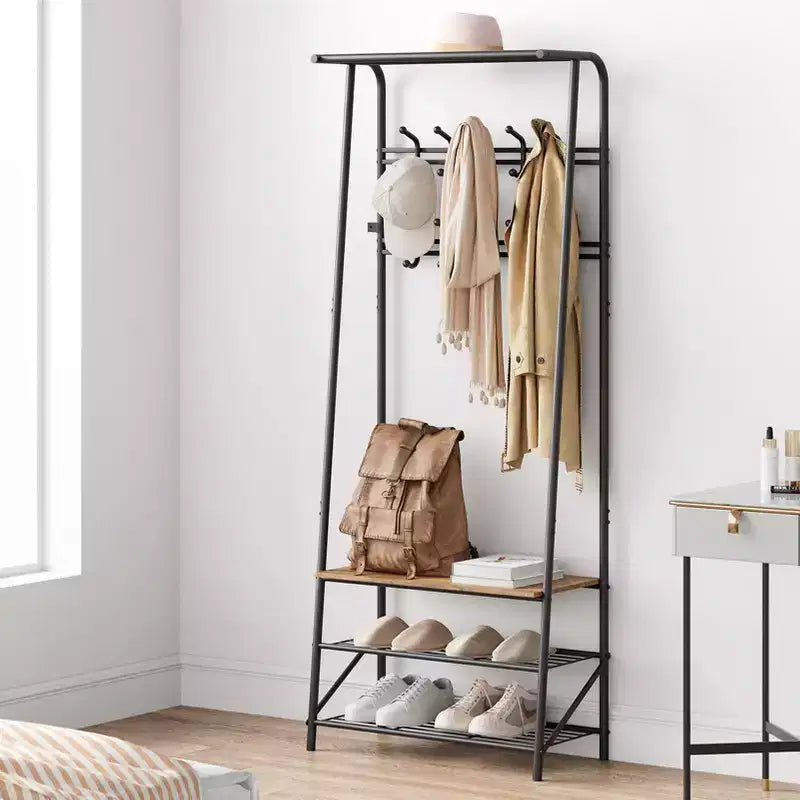 Appendiabiti, albero da ingresso 4 in 1, panca portascarpe con struttura in metallo, scaffale a 3 ripiani e 10 ganci per ingresso, corridoio, camera da letto