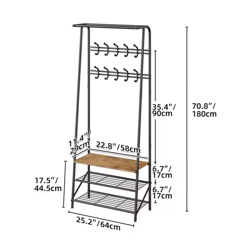 Appendiabiti, albero da ingresso 4 in 1, panca portascarpe con struttura in metallo, scaffale a 3 ripiani e 10 ganci per ingresso, corridoio, camera da letto